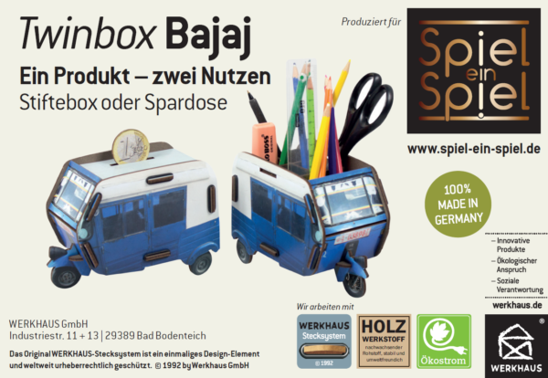 Unser Bajaj – produziert von Werkhaus: patentiertes System, Ökostrom, produziert in Deutschland, soziale Verantwortung–super!