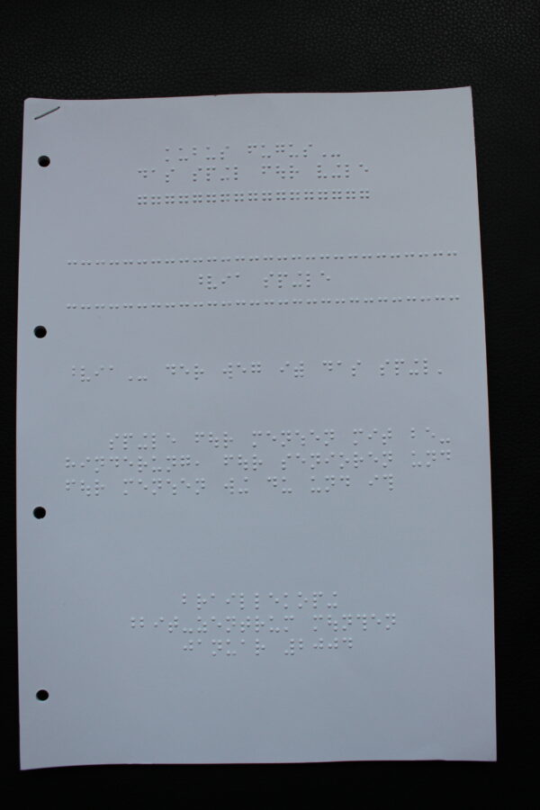 Das Bild zeigt die gesamte erste Seite der Spielanleitung für das Spiel Kubus Fugus in Braille-Schrift